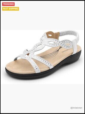 Women's Rhinestone Sandals with Elastica Back Strap, Slip-on Flat Walking